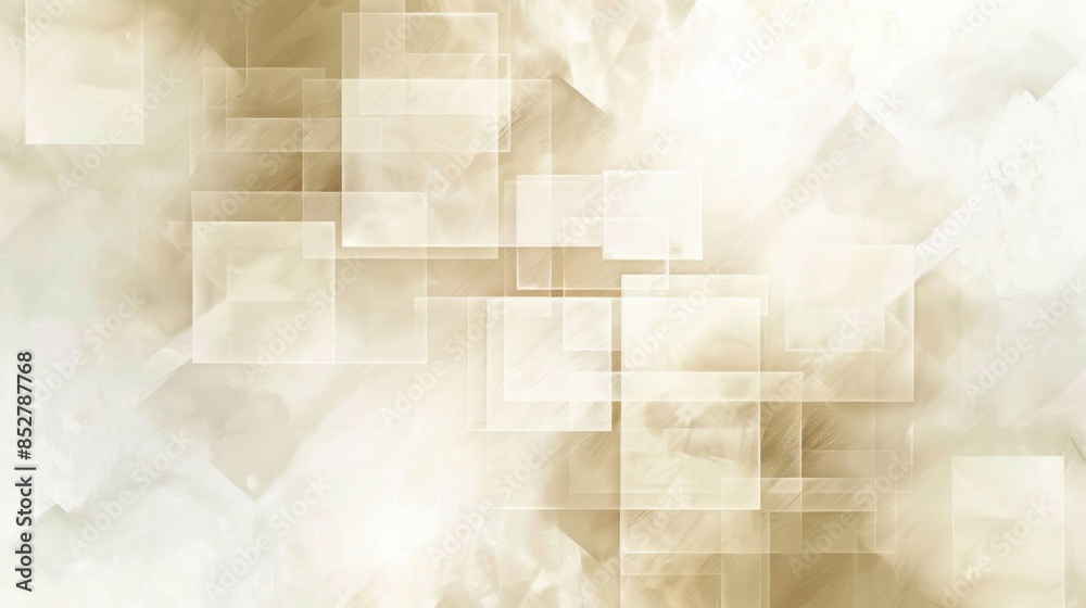 Obraz premium This abstract digital art piece features a white background with overlapping beige squares of various sizes and transparency. The squares create a sense of depth and movement.