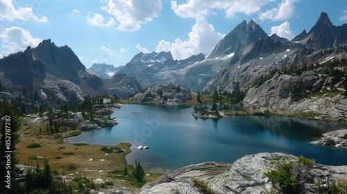 A stunning vista of the Canadian Rockies, with rugged peaks and pristine alpine lakes.