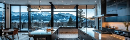 This image shows a modern kitchen with a large window overlooking a mountain range. The sun is setting, casting a warm glow on the scene. The kitchen is sleek and minimalist, with stainless steel appl photo