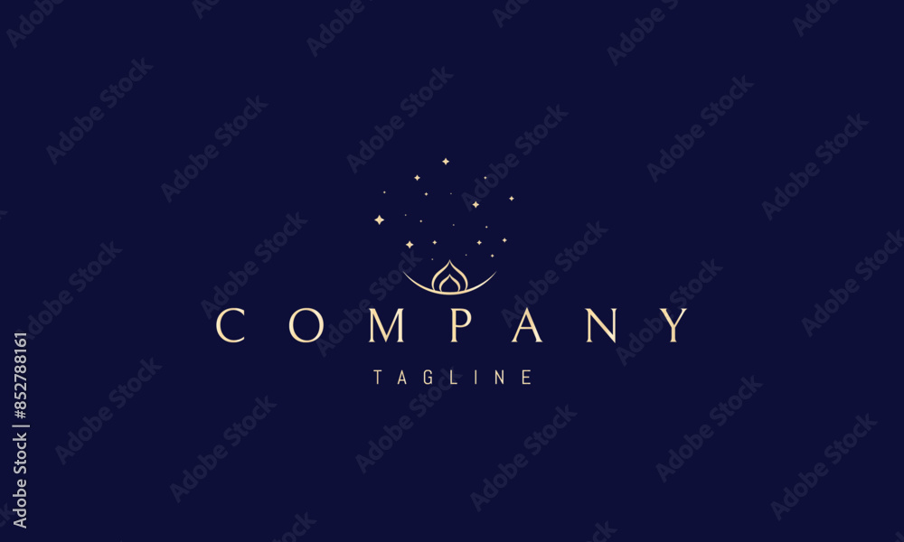 Fototapeta premium A vector golden logo an abstract image an inverted crescent moon with several stars above it, Inside the moon, like in a bowl, there are two petals.