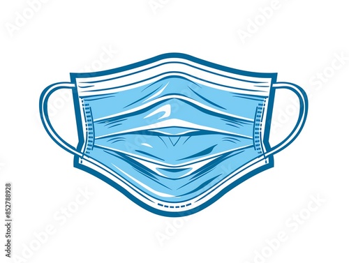 Illustration of a blue medical face mask with ear loops, representing health and safety measures during a pandemic, on a white background.