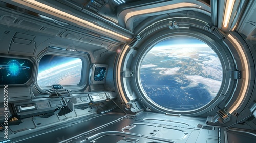 Fototapeta Naklejka Na Ścianę i Meble -  paceship futuristic interior with view on planet earth. futuristic. 