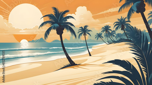 Scenario of a beautiful sunny beach with palm tree and sand vector style
