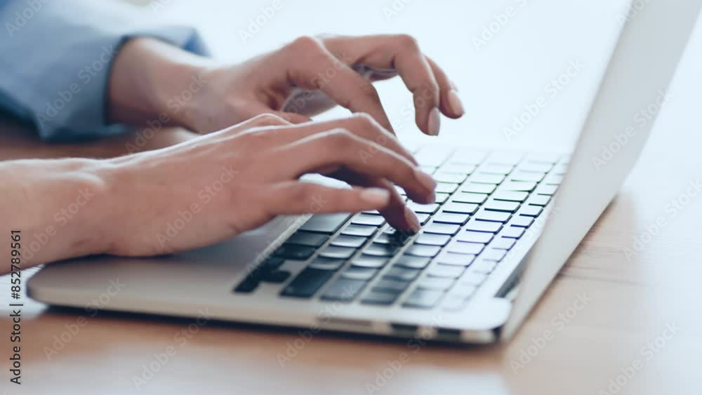 After crisis strategy. Female hands typing restart plan on laptop, close up After crisis strategy. Female hands typing restart plan on laptop, close up