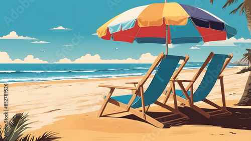 a beach scene with beach chairs and umbrella on the sand in summer