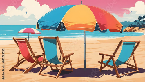 a beach scene with beach chairs and umbrella on the sand in summer