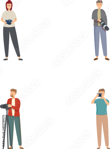 Diverse photographers illustration set with male and female photographers. Capturing images with digital and dslr cameras. Standing in casual clothing