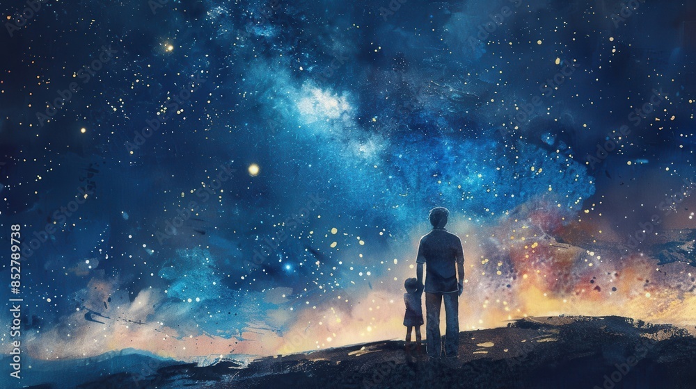 A digital painting depicting a father and daughter standing silhouetted against a night sky filled with stars. The Milky Way is visible in the background, along with a scattering of other stars. The s A digital painting depicting a father and daughter standing silhouetted against a night sky filled with stars. The Milky Way is visible in the background, along with a scattering of other stars. The s