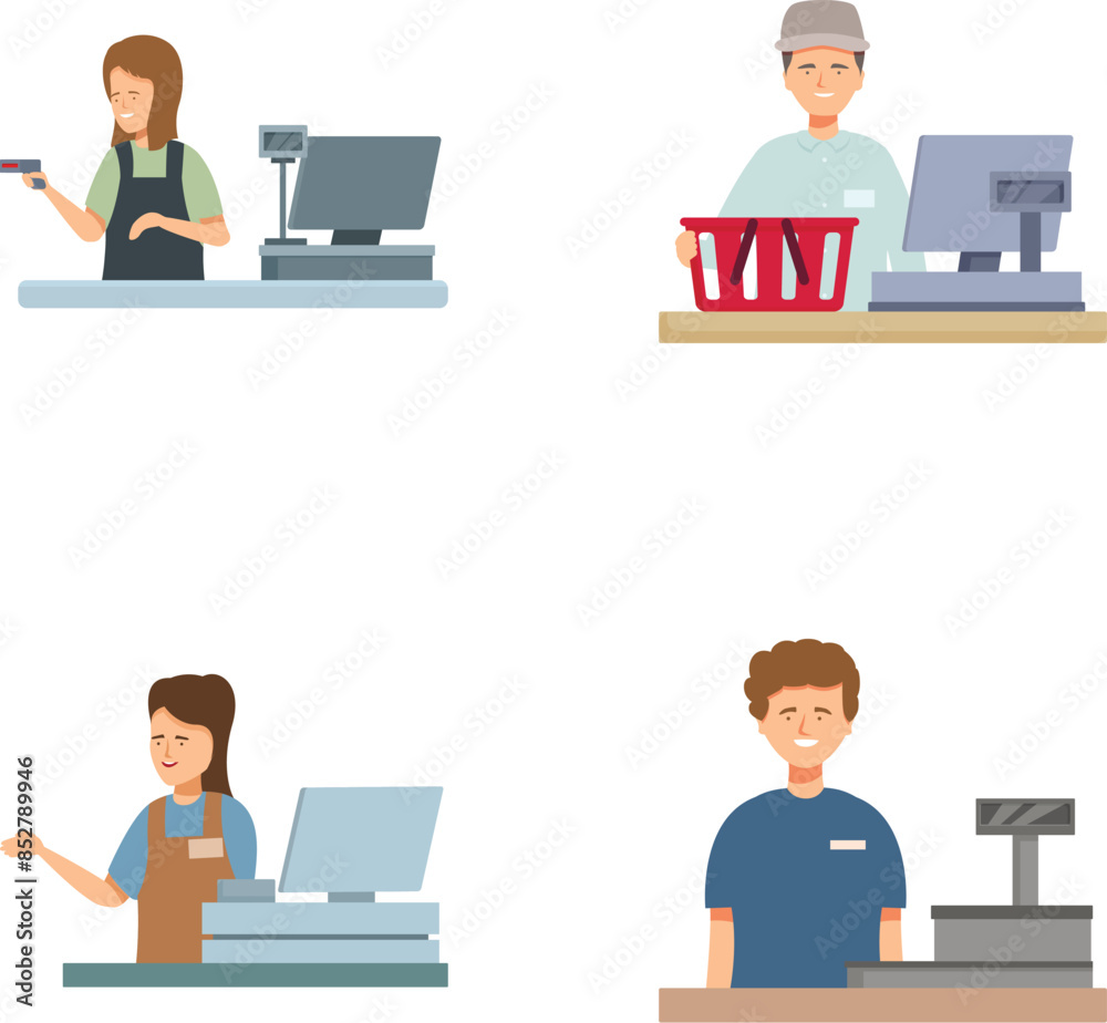 Four vector illustrations showing individuals in various checkout scenarios Four vector illustrations showing individuals in various checkout scenarios