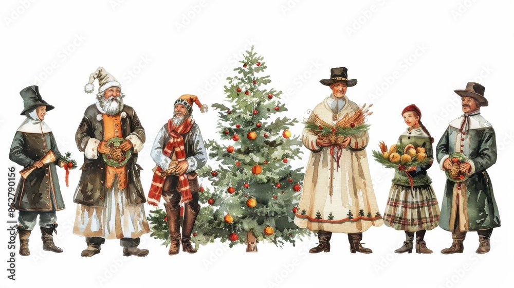 Obraz premium This watercolor illustration depicts a group of traditional Christmas characters standing around a decorated Christmas tree. The characters include Santa Claus, a woman holding a basket of oranges, a 