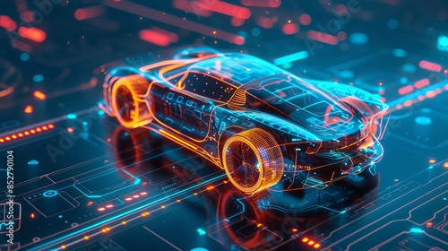 A 3D rendering of a creative glowing car hologram interface set against a dark blue background. This concept represents transport diagnostics and futuristic technology