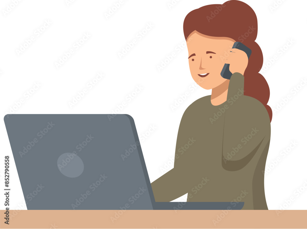 Smiling businesswoman working on laptop and talking on phone at office desk Smiling businesswoman working on laptop and talking on phone at office desk