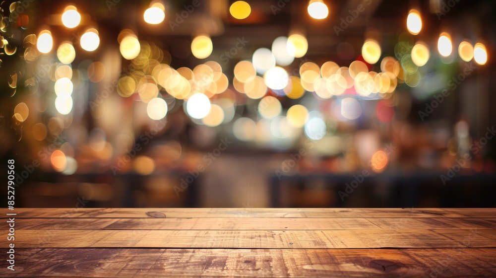 Blurry restaurant background with lights bokeh on an unoccupied wooden table top