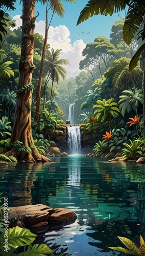 Tropical river winds through a lush forest. Peaceful background animation.