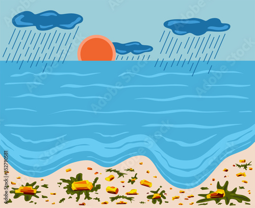 A lot of amber stones with seaweeds on a sandy Baltic beach. Sun and clouds. Rainy day. Baltic sea. Flat vector design. Sunlight.