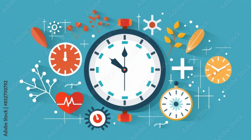 Conceptual image of time management with a clock and wellness symbols combined in a balanced composition Conceptual image of time management with a clock and wellness symbols combined in a balanced composition