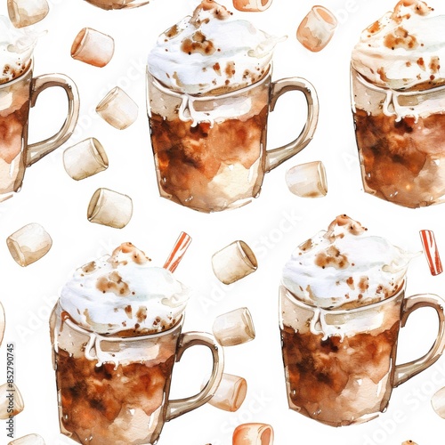 This watercolor illustration features a seamless pattern of hot chocolate with whipped cream and marshmallows. The cups of hot chocolate are depicted in a realistic style, with the whipped cream looki photo