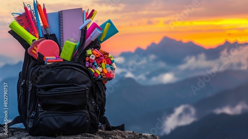 A black school backpack bursting with vibrant stationery items like neon highlighters, fancy erasers, and spiral notebooks, on a mountain landscape background with a sunrise and space for text, photo