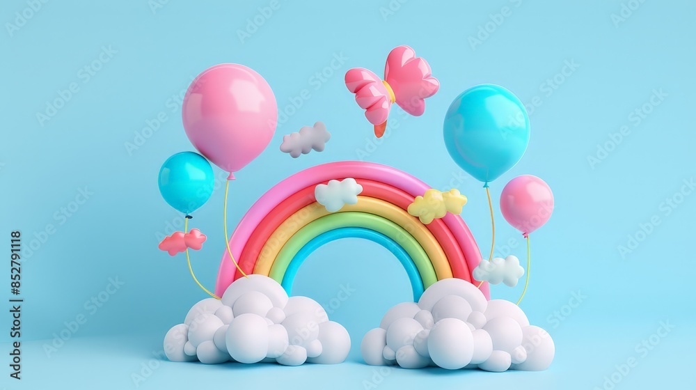 Generative ai illustration, abstract 3d rainbow with clouds and colorful balloons. Generative ai illustration, abstract 3d rainbow with clouds and colorful balloons.