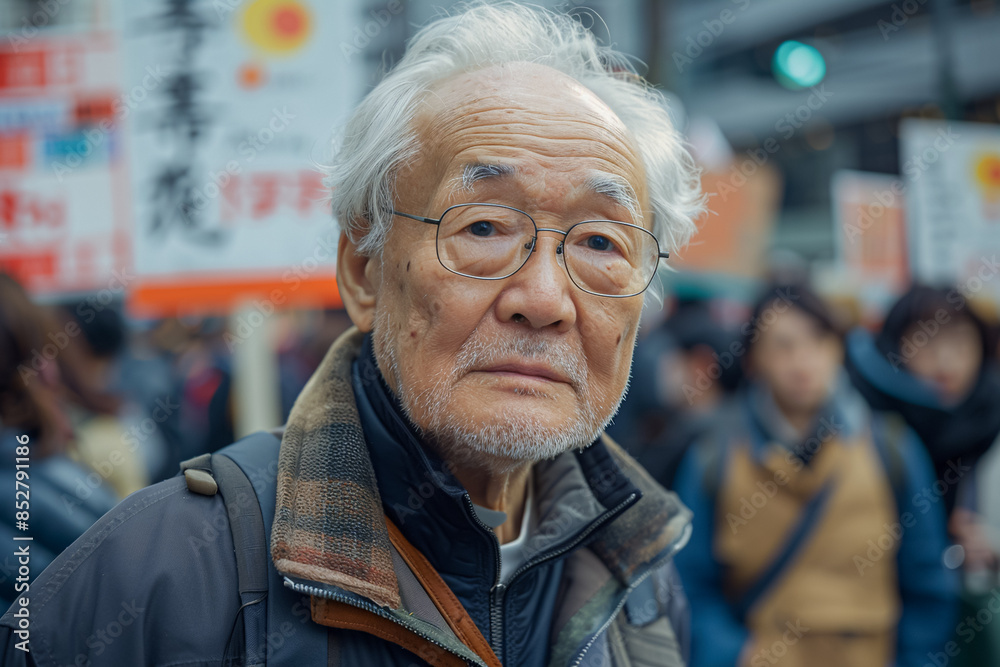 Elderly Asian man at protest political rally, man in crowd supporting activism, unity and voice for societal change. Elderly Asian man at protest political rally, man in crowd supporting activism, unity and voice for societal change.