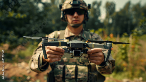 Caucasian military man in uniform drone operator holding a drone in his hands while on a military operation © Photolife  