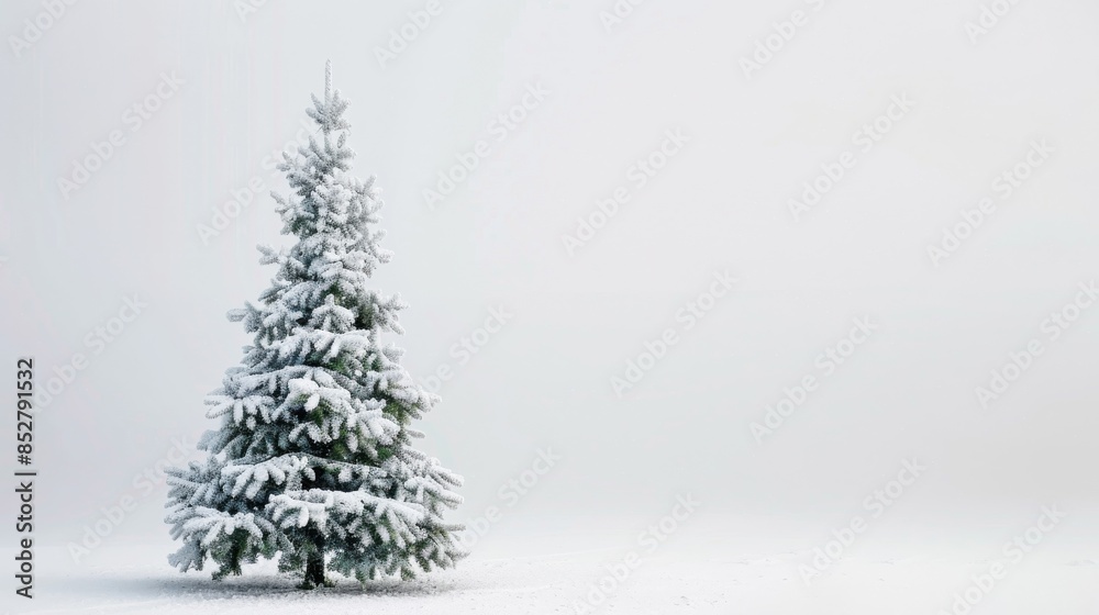 A single pine tree covered in snow stands tall against a white winter backdrop. The tree is the only focal point in the image, creating a sense of solitude and peace. The snow-covered ground and the h A single pine tree covered in snow stands tall against a white winter backdrop. The tree is the only focal point in the image, creating a sense of solitude and peace. The snow-covered ground and the h