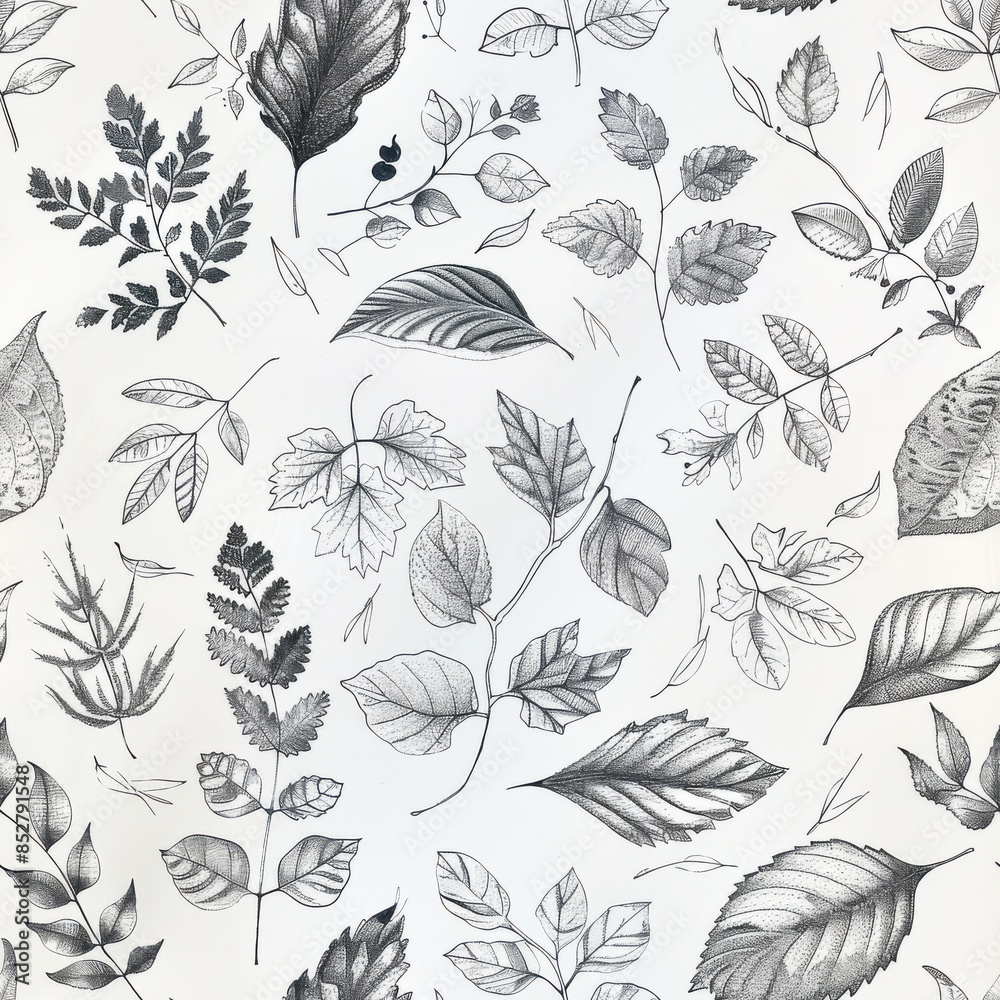 Fototapeta premium A detailed pencil drawing featuring a variety of leaves and branches. The drawing has a white background and uses shading and detail to create a realistic depiction of the leaves. The image showcases 