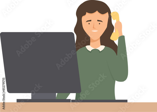 Smiling secretary answering phone call while working on computer at office desk