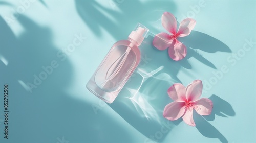A bottle of toner with petals on each side on a pastel blue background with light pink accents. photo