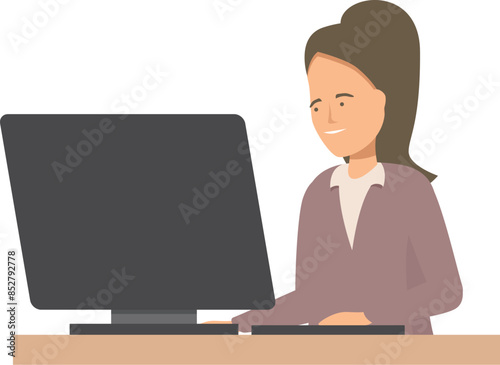 Smiling businesswoman working on a desktop computer, efficient and productive office worker concept