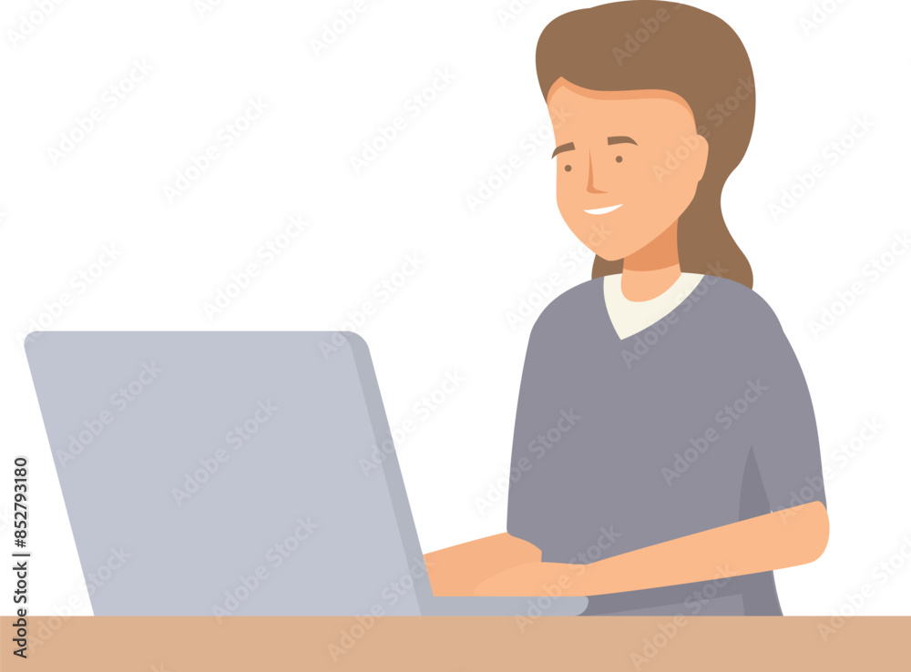 Young woman is sitting at her desk working on her laptop, looking happy Young woman is sitting at her desk working on her laptop, looking happy