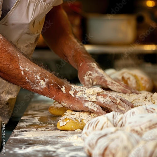 Baker kneads dough for artisan, fresh bread.