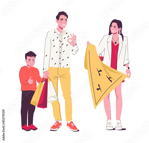 Family shopping, happy young family with packages. A woman demonstrates a new dress, her husband and son approve. Vector illustration isolated on white background.
