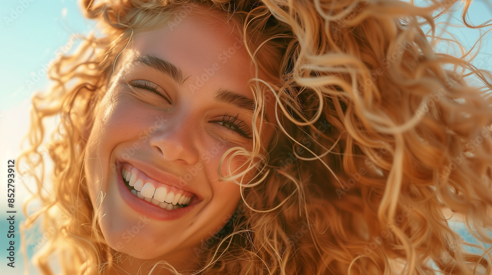 Blonde girl with cute curls, full of joy, playing with her hair. Her face radiates a smile that reflects her joy in the moment and the pleasure of touching her hair. Blonde girl with cute curls, full of joy, playing with her hair. Her face radiates a smile that reflects her joy in the moment and the pleasure of touching her hair.