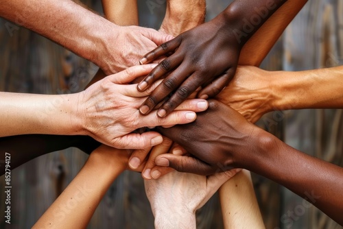 Unity and Diversity: Close-Up of Diverse Hands Stacked Together for Solidarity Concept Poster photo