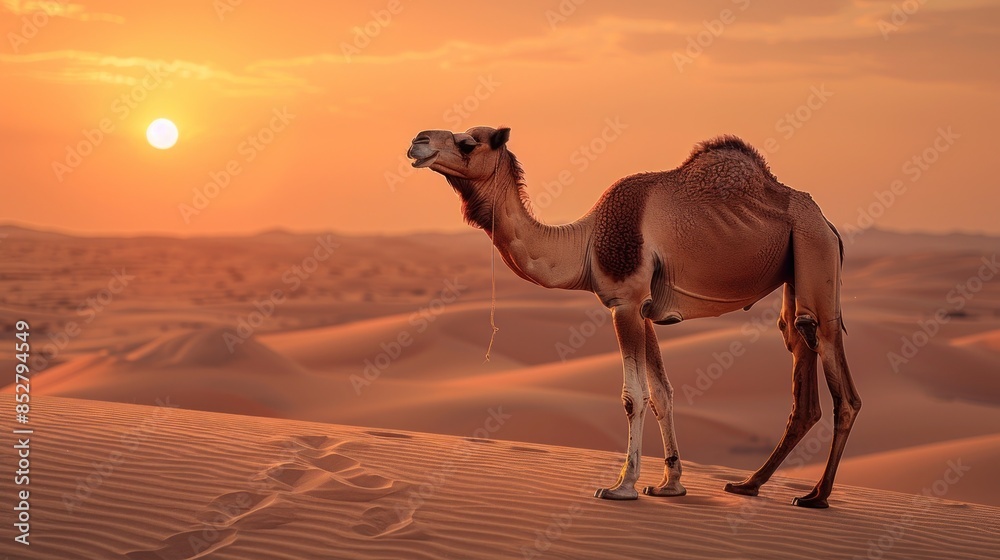 Camel Silhouette Against the Setting Sun in the Desert