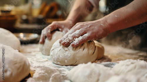 Hands kneading pasta dough in the bakery kitchen. Each gesture is made with precision and care to obtain the perfect consistency and taste, which emphasizes reliability and experience in baking.