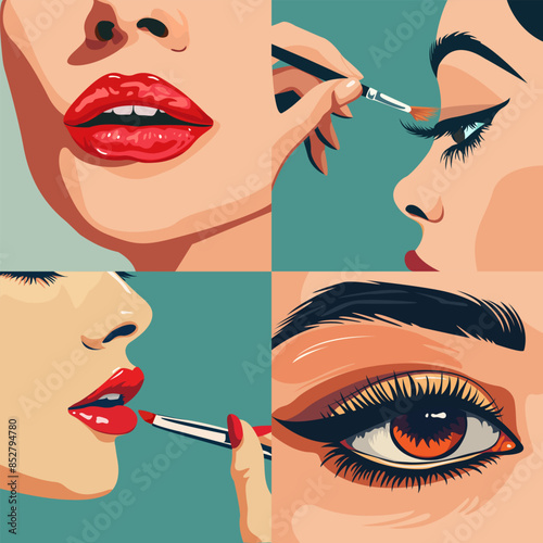 Set of beauty images. The girl is doing makeup, applying shadow on her eyelid, painting her lips with lipstick. Bright beautiful lips, eyes, eyelashes. Illustration for beauty salon and beauty industr