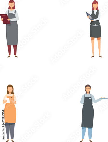 Collection of four vector illustrations showcasing waitresses in different uniforms with welcoming gestures