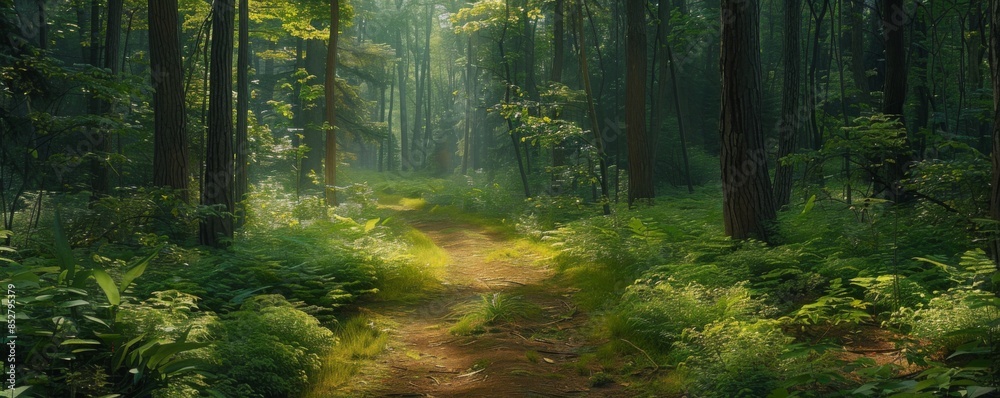 Naklejka premium Sunlit path through a dense forest