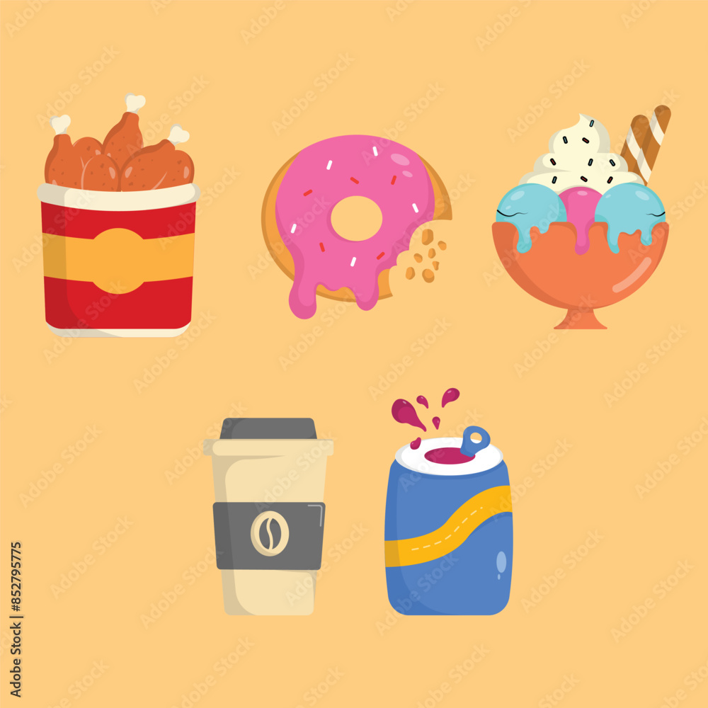 icon fried chicken,donut,ice cream,coffe,soft drink delicious fast food and drink vector illustration concept.premium vector illustration icon fried chicken,donut,ice cream,coffe,soft drink delicious fast food and drink vector illustration concept.premium vector illustration
