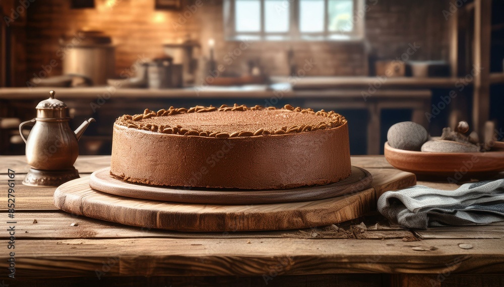 chocolate cake on a wooden table in a rustic style kitchen chocolate cake on a wooden table in a rustic style kitchen