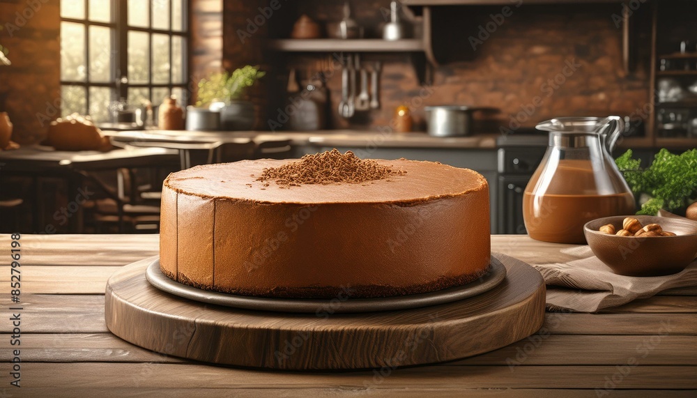 chocolate cake on a wooden table in a rustic style kitchen chocolate cake on a wooden table in a rustic style kitchen