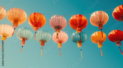 Colorful Lanterns Hanging Against a Blue Sky