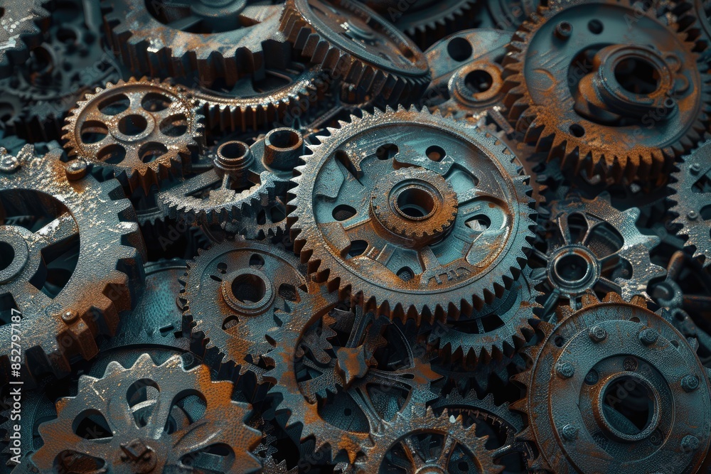 Pile of old metal gears and cogs. Spare parts for industrial machines.