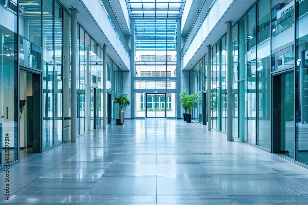 Modern office building with a large wide corridor and glass partitions inside Modern office building with a large wide corridor and glass partitions inside