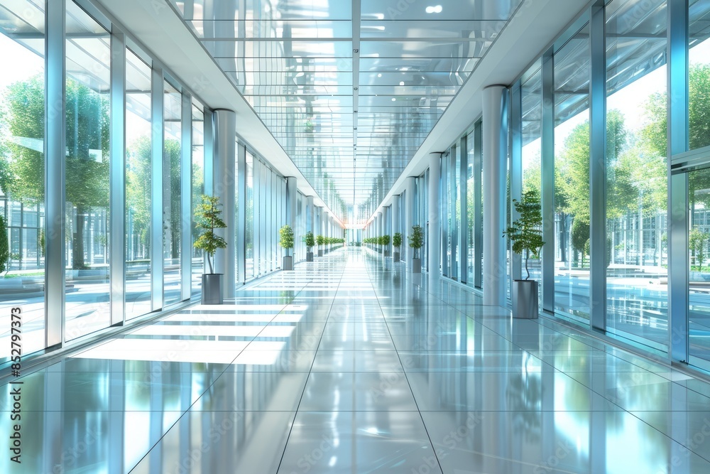 Modern office building with a large wide corridor and glass partitions inside