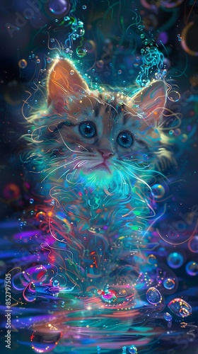 A cute kitten with blue eyes surrounded by colorful bubbles and lights, a magical underwater scene.
