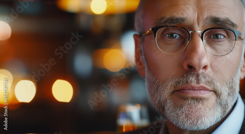 Poster with portrait of an adult man at his favorite bar, close-up with space for sports bar advertising concept photo