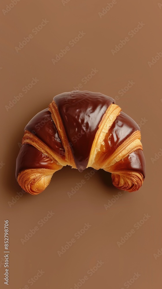 A chocolate covered croissant is shown on a brown background A chocolate covered croissant is shown on a brown background